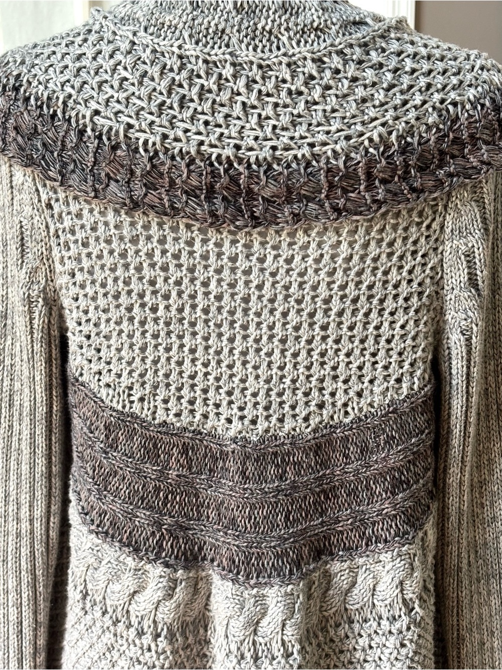 CAbi Shadow Circle Cardigan S 100% Cotton Open Knit Waterfall Boho Neutral - Picture 5 of 11